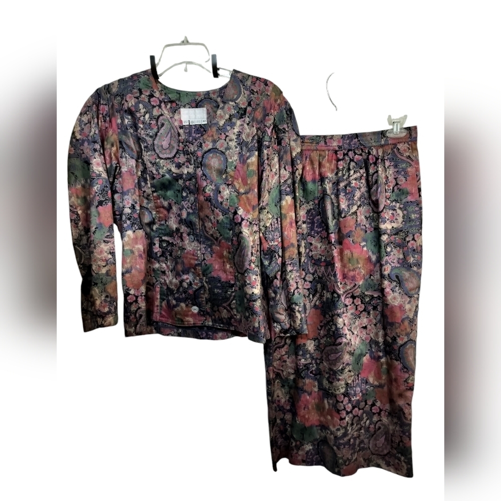 2921) Vintage 80s Blair Wolverton Multicolor Paisley Floral Blouse Skirt Set  10